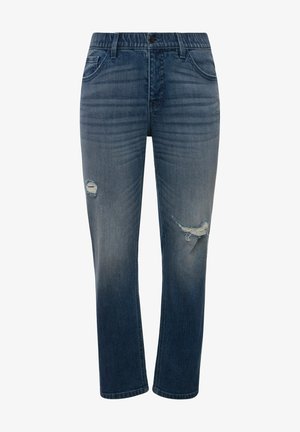 Blaue Jeans aus Denim mit geradem Schnitt, ausgestattet mit abgetragenen Rissen an den Oberschenkeln und dezentem Verblassen. Klassisches Design mit fünf Taschen, silberne Knopfverschluss.