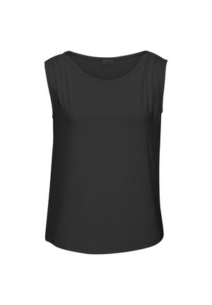 Haut sans manches noir avec un col rond, fabriqué en tissu doux. Présente des plis délicats sur les épaules et un ourlet incurvé.