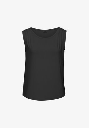 Zwarte mouwloze top met ronde halslijn, gemaakt van soepele stof. Kenmerkt zachte plooien op de schouders en een gebogen zoomlijn.