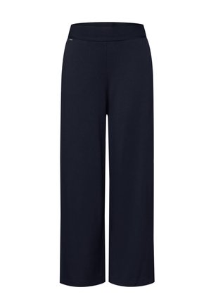 Pantalon noir à jambes larges avec taille élastique, coupe droite, longueur cheville, conçu pour un usage décontracté ou formel.