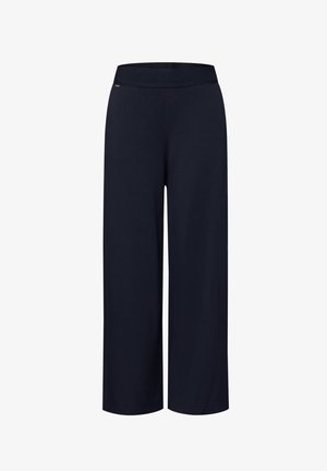 Zwarte wijde broek met elastische tailleband, rechte snit en enkellengte, ontworpen voor casual of formeel gebruik.