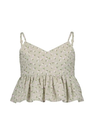 Zelený květinový krátký top s tenkými nastavitelnými ramínky, výstřihem do V a volánkovým lemem, s růžovými květy a zelenými listy na látce.