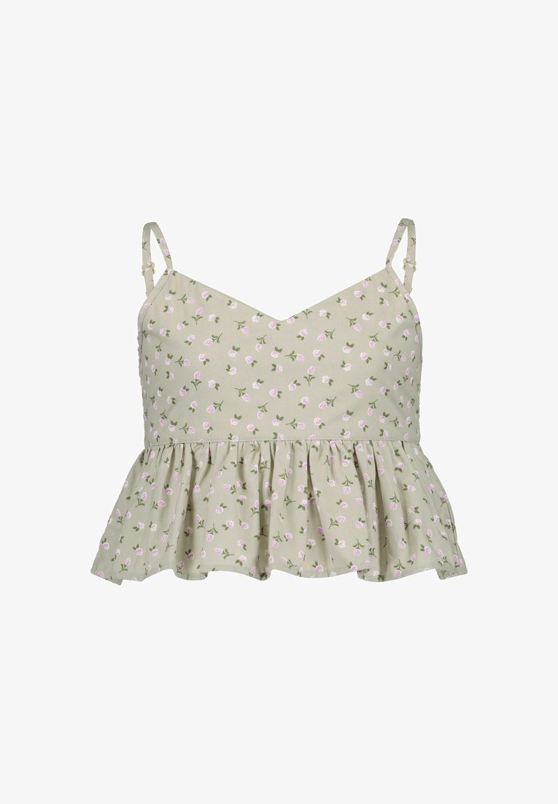 Haut court fleuri vert avec fines bretelles réglables, col en V et ourlet à volants, présentant des fleurs roses et des feuilles vertes sur le tissu.