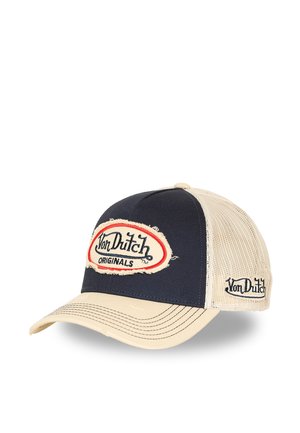 Gorra de béisbol con parte frontal azul marino, parte trasera y visera de malla beige, y parche con el logo "Von Dutch Originals" en el frente y en el lado.