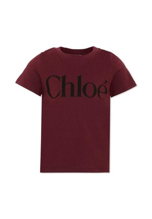 Bordowa bawełniana koszulka z krótkim rękawem z czarnym logo "Chloé" umieszczonym na środku z przodu.