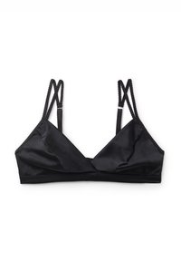 Svart satinbralette med en enkel design, som har flätade band och en triangelform. Slät textur och sömlös konstruktion.