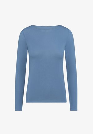Langärmliges Oberteil aus weichem blauen Stoff, mit Rundhalsauschnitt, schlanker Passform und glatter Textur ohne Muster oder Verzierungen.