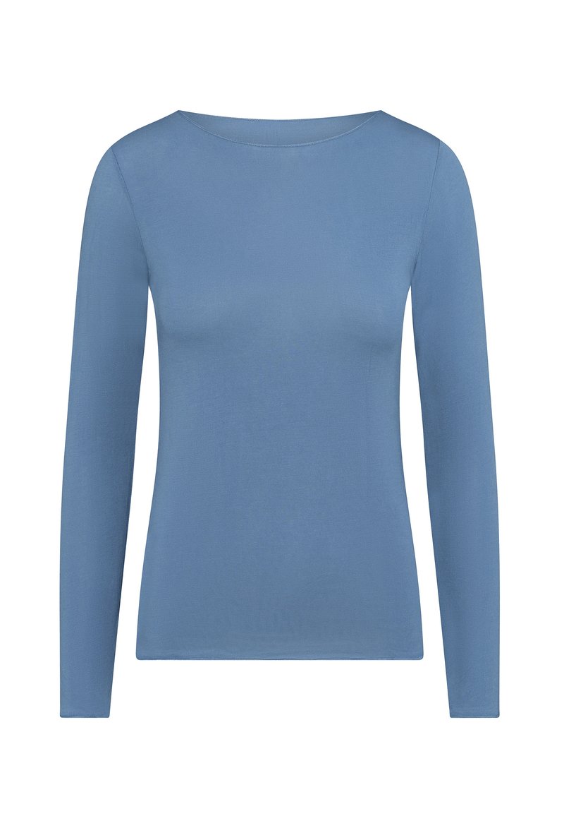 Maglietta a maniche lunghe in morbido tessuto blu, con scollatura tonda, vestibilità slim e texture liscia senza motivi o decorazioni.