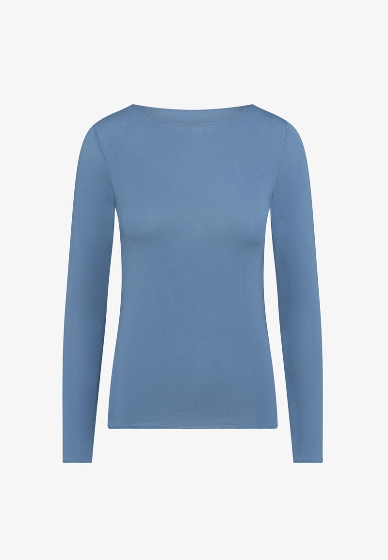 Maglietta a maniche lunghe in morbido tessuto blu, con scollatura tonda, vestibilità slim e texture liscia senza motivi o decorazioni.
