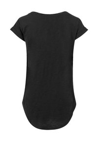 Black T-shirt with short rolled sleeves, rounded neckline, and a curved hem. Fabric appears soft with a slight texture.