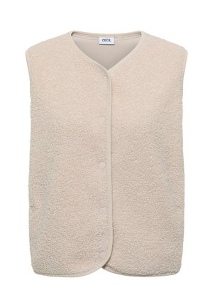 Gilet sans manches en polaire beige avec fermeture à boutons-pression et col en V arrondi, étiquette "CECIL" au niveau du col intérieur.