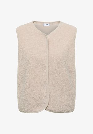 Beige mouwloos fleecevest met drukknoopsluiting en afgeronde V-hals, met het label "CECIL" aan de binnenkraag.