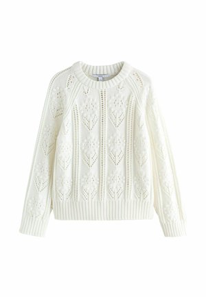 Valkoinen neulottu villapaita, jossa on teksturoitu kukkakuosi, resorireuna ja pyöreä pääntie. Valmistettu pehmeästä langasta, rento istuvuus.