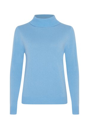 Maglione a collo alto ribbed di colore azzurro chiaro con maniche lunghe, design aderente, texture liscia e un colletto leggermente rialzato per una maggiore calda.