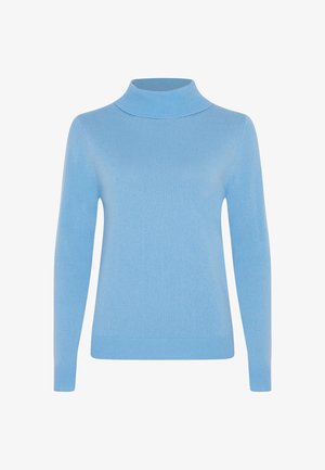 Lichtblauwe geribbelde coltrui met lange mouwen, aansluitend ontwerp, zachte textuur en een iets verhoogde kraag voor extra warmte.