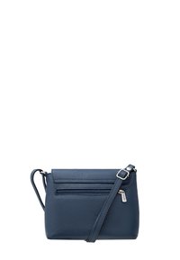 Borsa a tracolla in pelle blu navy con finitura texturizzata, dotata di una tasca con zip frontale e di una tracolla regolabile. Forma compatta e rettangolare.