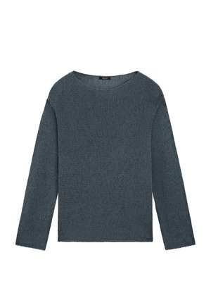 Long-sleeve knit sweater in dark gray with a crew neckline and textured fabric.