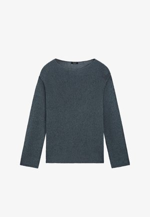 Long-sleeve knit sweater in dark gray with a crew neckline and textured fabric.