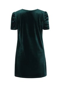 Kurzärmliges Kleid aus dunkelgrünem Samt mit rundem Ausschnitt und puffierten Schultern, weicher glatter Textur und knielangem Design.