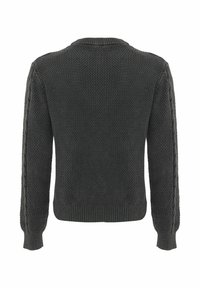 Dark gray knitted sweater with a textured finish, featuring a ribbed collar, cuffs, and a cable knit pattern along the sleeves.