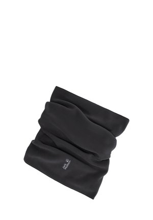 Schwarzes Fleece-Halsband mit kleinem weißem Jack Wolfskin-Logo am unteren Rand, gefaltet auf weißem Hintergrund dargestellt.