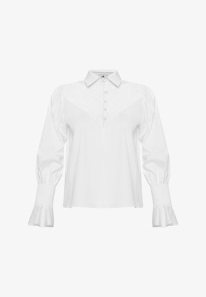 Witte blouse met lange mouwen, kraag, knopenlijst, gestructureerde schouderstukken, pofmouwen en geplooide manchetten. Zachte katoenen stof.