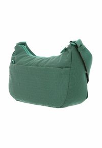 Sac d'épaule en tissu vert texturé avec une fermeture éclair, présentant une forme incurvée et une sangle réglable. Comprend une poche extérieure.