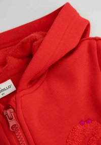 Czerwona bluza z kapturem, wykonana z miękkiego materiału, z zamkiem błyskawicznym z przodu, teksturowanym graficznym detalem oraz przytulnym, wyściełanym kapturem.