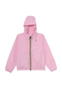 Giacca leggera rosa con cappuccio, polsini elastici, zip frontale con striscia multicolore e dettaglio del logo sul lato sinistro del petto.