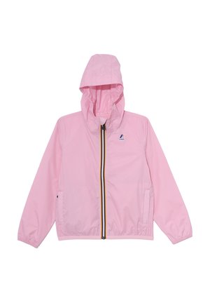 Giacca leggera rosa con cappuccio, polsini elastici, zip frontale con striscia multicolore e dettaglio del logo sul lato sinistro del petto.