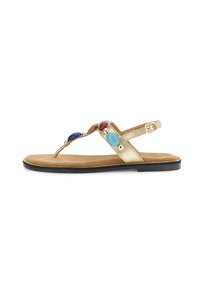 Sandale thong metalice aurii cu talpă plată, decorate cu trei pietre supradimensionate în nuanțe de roșu, albastru și turquoise, asigurate cu o curea.