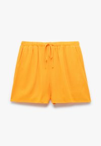 Shorts arancioni realizzati in tessuto leggero, dotati di vita elastica con cordoncino, due tasche laterali e una vestibilità comoda.