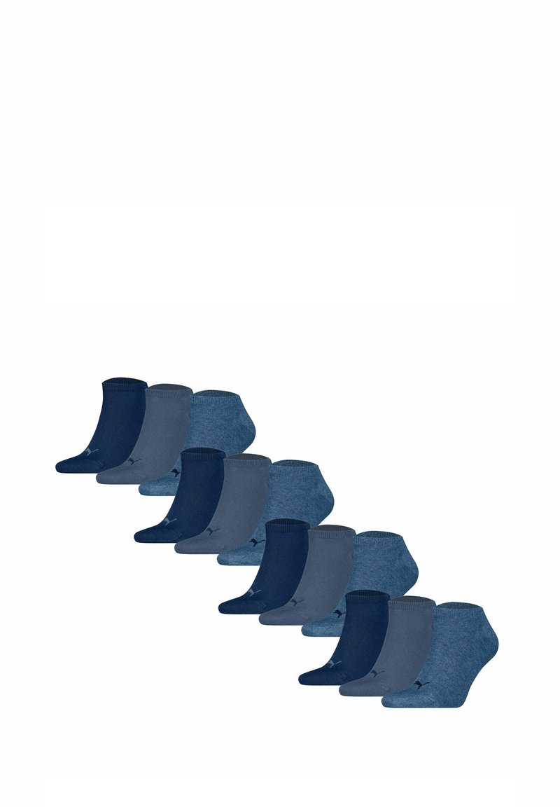 Set med tio strumpor i olika nyanser av blått. Materialet är mjukt och har olika texturer och mönster. Ankellängd design.