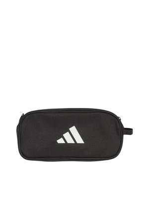 Czarna prostokątna saszetka na zamek błyskawiczny z białym logo Adidas umieszczonym centralnie z przodu na białym tle.