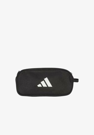 Bustina rettangolare nera con cerniera e logo Adidas bianco centrato sul davanti su sfondo bianco.