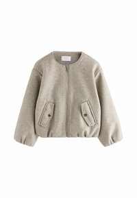 Beżowa kurtka z mieszanki wełny, z okrągłym dekoltem, zapięciem na zamek, dwiema bocznymi kieszeniami i marszczonymi mankietami, o miękkiej, teksturowanej fakturze.