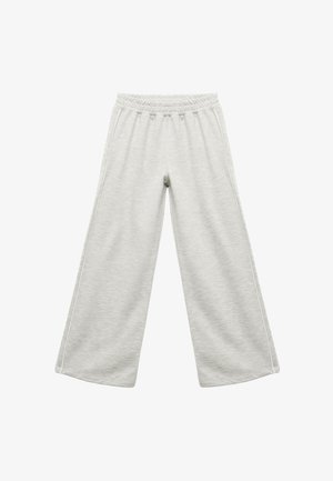 Gray wide-leg sweatpants made of soft fabric, featuring an elastic waistband and contrasting white side piping on each leg.