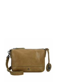 Borsa a tracolla in pelle color tan con chiusura a zip, tracolla regolabile e un'etichetta decorativa con un'emblema di ancora. Texture liscia, forma rettangolare.