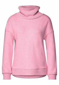 Maglione rosa a dolcevita con colletto e polsini a costine. Presenta una vestibilità morbida e maniche lunghe, realizzato in un tessuto morbido e texture.