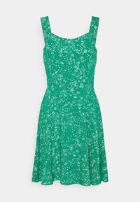 Grünes Blumenmusterkleid mit tailliertem Oberteil, quadratischem Ausschnitt und breiten Trägern. Ausgestellter Rock aus einem leichten, strukturierten Stoff.