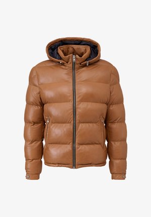 Bruine gewatteerde leren jas met ritssluiting aan de voorkant, twee met rits afsluitbare zakken, drukknopen aan de manchetten en een met zwart gevoerde capuchon.