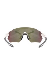 Sportzonnebril met een groot, gebogen groen glas, een wit en grijs plastic frame en verstelbare zwarte neuspads. Geen zichtbare logo's.