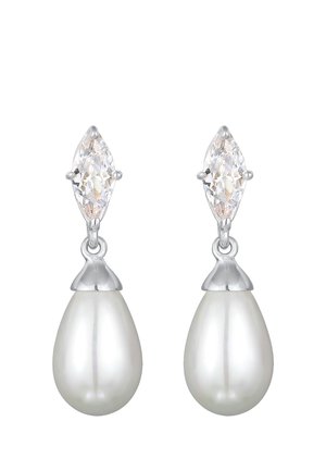 Boucles d'oreilles en perle goutte présentant des perles blanches en forme de larme avec un dessus en argent et des cristaux transparents taillés en marquise au-dessus. Design élégant et poli.