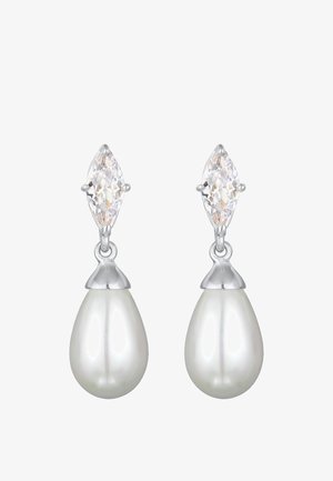 Pärlite drop-kõrvarõngad, millel on valged pirnikujulised pärlid hõbedasest ülaosast ja peal marquise-lõikega selged kristallid. Kaunis ja poleeritud disain.