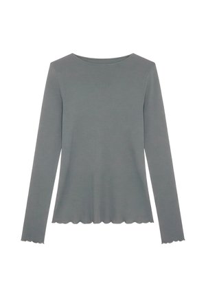 Long-sleeve grey shirt with scalloped hem and cuffs, featuring a round neckline and a fitted silhouette.