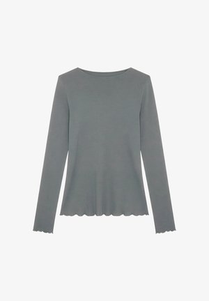 Long-sleeve grey shirt with scalloped hem and cuffs, featuring a round neckline and a fitted silhouette.
