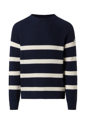 Jersey de punto de color azul marino con rayas horizontales blancas, cuello redondo y mangas largas. Presenta un pequeño logo en la parte superior de la manga.