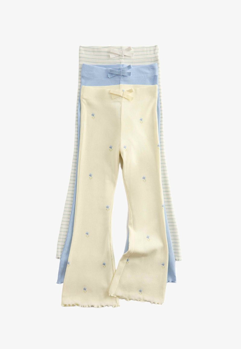 Three pairs of ribbed knit baby pants in cream with small blue flowers, solid light blue, and cream with thin blue stripes, each with a small bow on the waist.