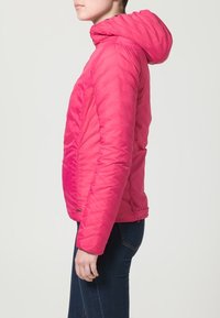 Pink padded jacket with a hood featuring a quilted texture, fitted design, and a zip closure at the bottom. Suitable for cooler weather.