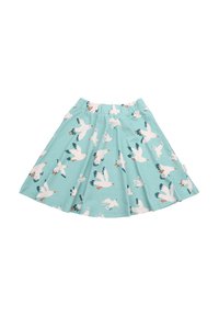 Helles blaues Baumwollröckchen mit elastischem Bund, das ein Möwenmuster in Weiß, Türkis und orangefarbenen Akzenten aufweist.